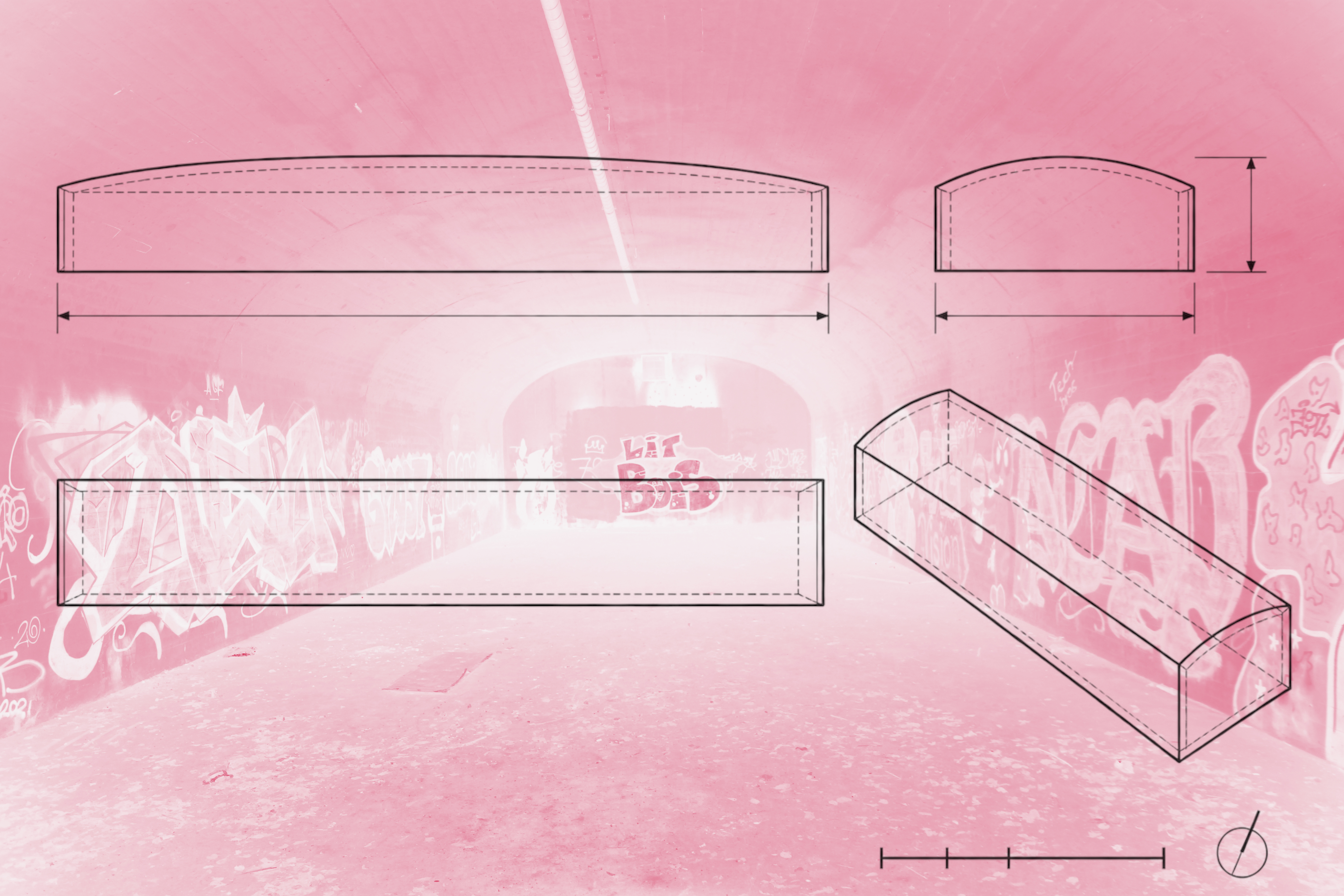 Complete volume reconstruction: black technical drawings of the bunker volumes over a pink photograph of its hollowed-out interior.